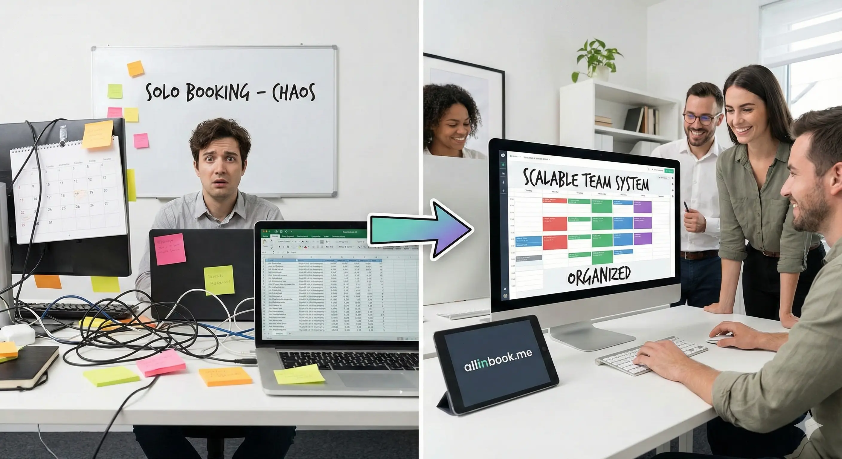 Team members collaborating around a shared scheduling dashboard